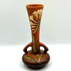 Roseville 1940’s Pottery Vase Brown Floral Double Handle Vintage Art Ceramic